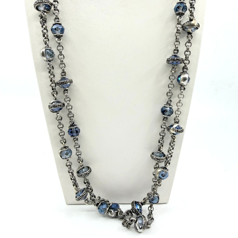 Vintage Silver Tone Long Station Necklace Blue Crystal Topaz Style Greek Key Y2K